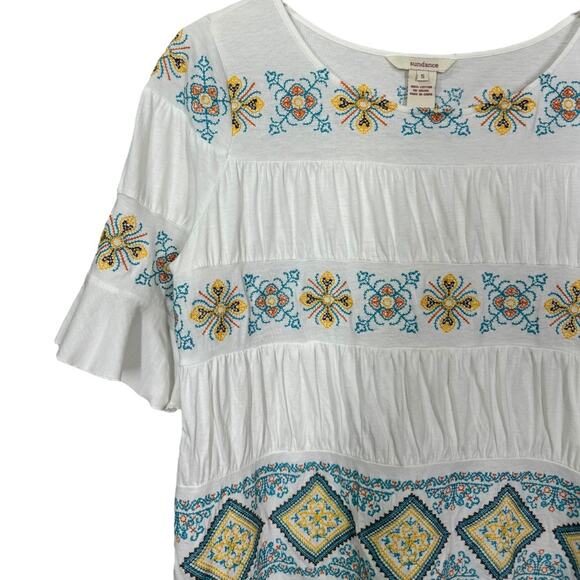Sundance Cassandra Tiered Embroidered Tee Small White Blue Cross Stitched Boho - Picture 2 of 6